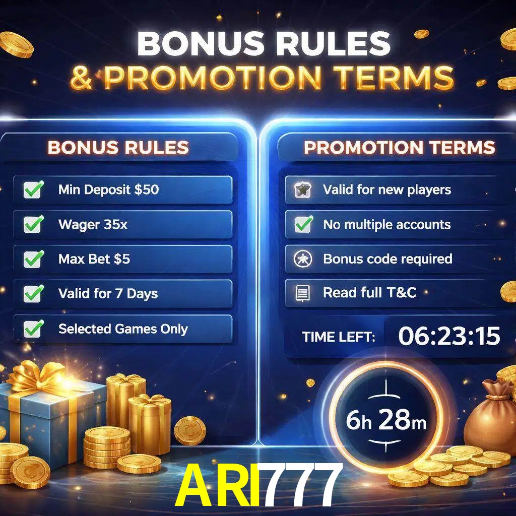 Reglas de promoción ARI777 y condiciones de bonos explicadas visualmente