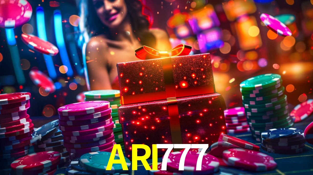 Una escena digital vívida inspirada en casino con ARI777 mostrado prominentemente, luces brillantes, fichas, cartas y acentos dorados.