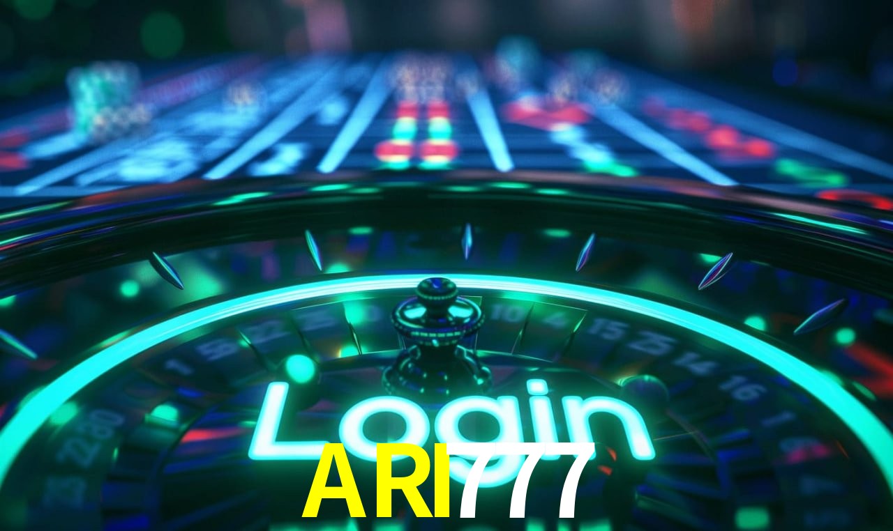 Escena dinámica inspirada en casino con iluminación ARI777, cartas, fichas e íconos de juegos digitales en un espacio moderno de juegos.